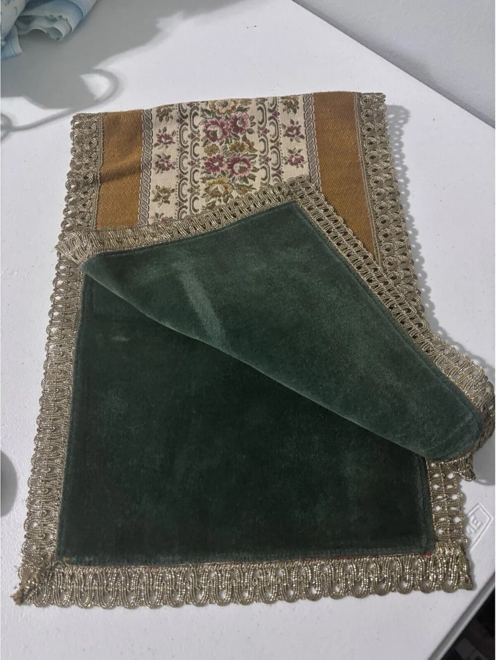 Vintage Table Runner Gold With Green Velvet Backing Floral